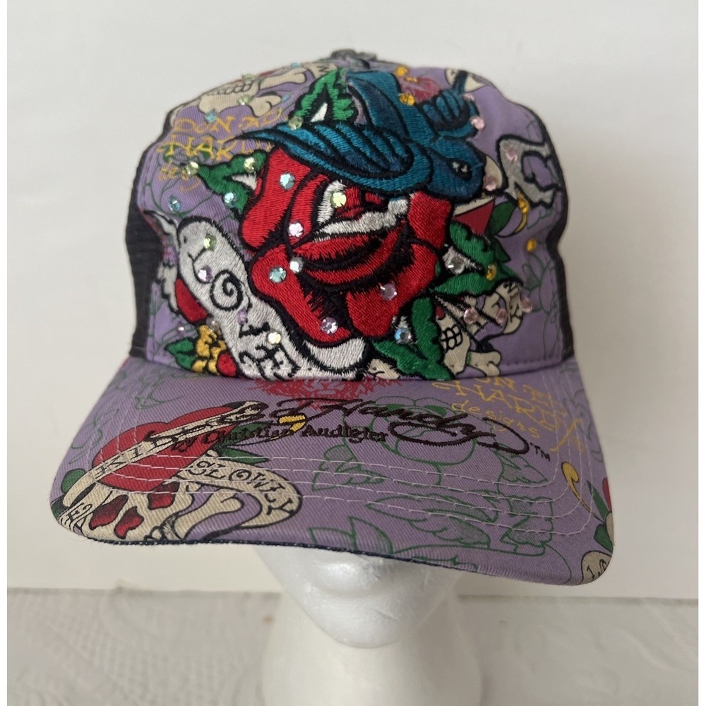 VTG Y2K Ed Hardy Hat Cap Snap Back Mesh Trucker‎ Rose Swallow Tattoo Denim